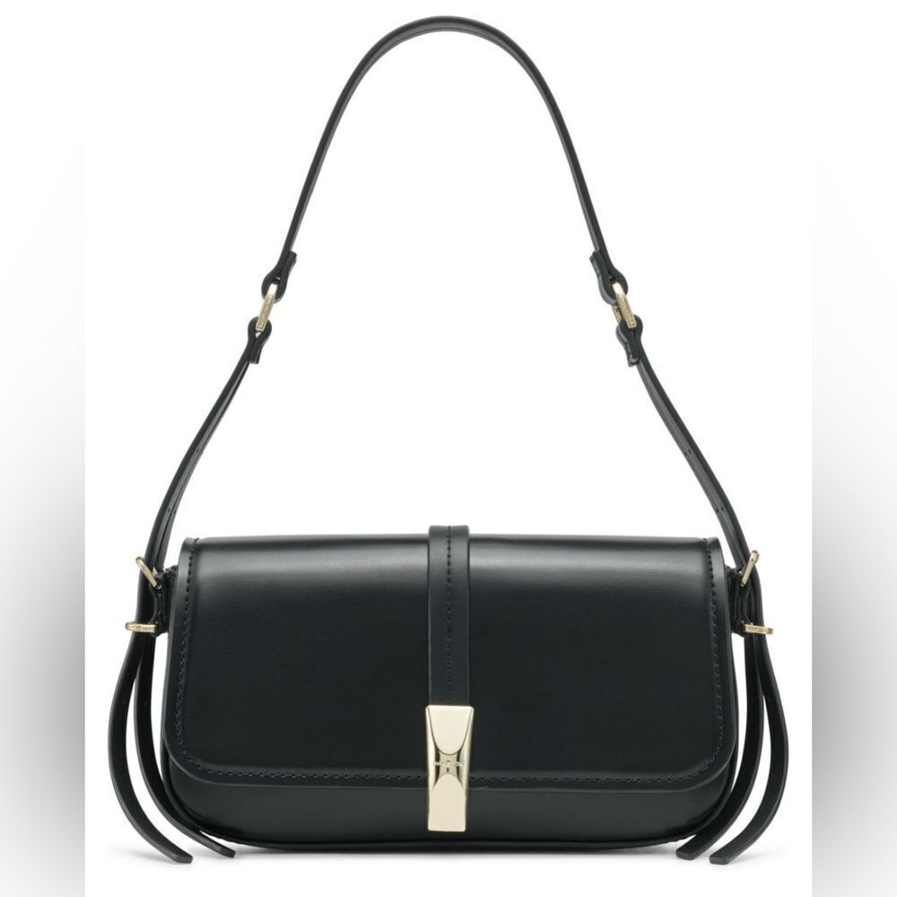HALSTON Freya M Black Faux Leather Gold Tone Double Strap Detail Crossbody Bag
